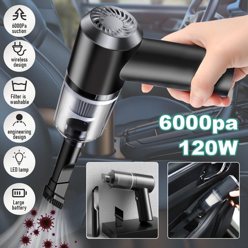 IDELLA 3IN1 Portable Car Vacuum Cleaner with Blower | USB Rechargeable Wireless Handheld Car Vacuum Cleaner Traveling, Camping Reusable,Portable,Rechargeable (Vacuum with Blower)Squl Tech