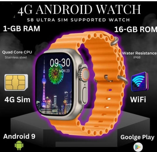 SQUL Premium S8 Ultra Smart Watch with 4G SIM Card, App Store Working, Google Maps, Facebook, YouTube, Android,Bluetooth Calling, Extra Band - Squl Tech 