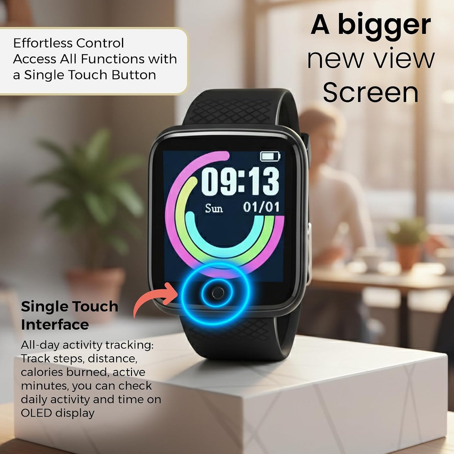Bouncefit M I D116 Fitness Band Smart Watch for Men, Women, Boys, Girls, Kids – Single Touch Interface, Water Resistant, Workout Modes,Quick Charge Sports Smartwatch – Black I